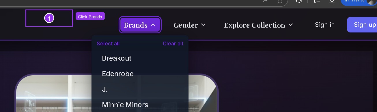 Brands dropdown in navigation showing Breakout, Edenrobe, J., Minnie Minors, Outfitter options