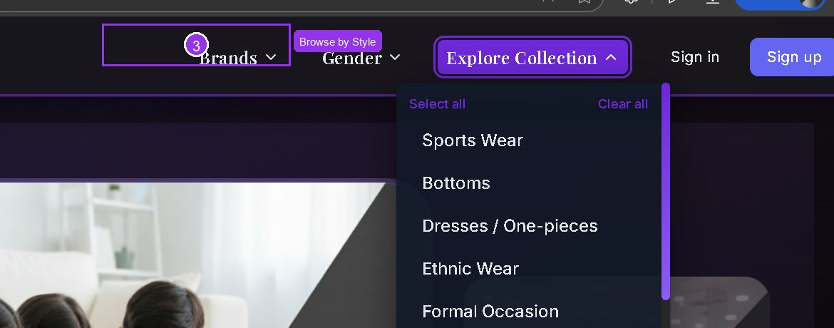 Explore Collection dropdown showing Sports Wear, Bottoms, Dresses, Ethnic Wear, Formal Occasion, Outerwear