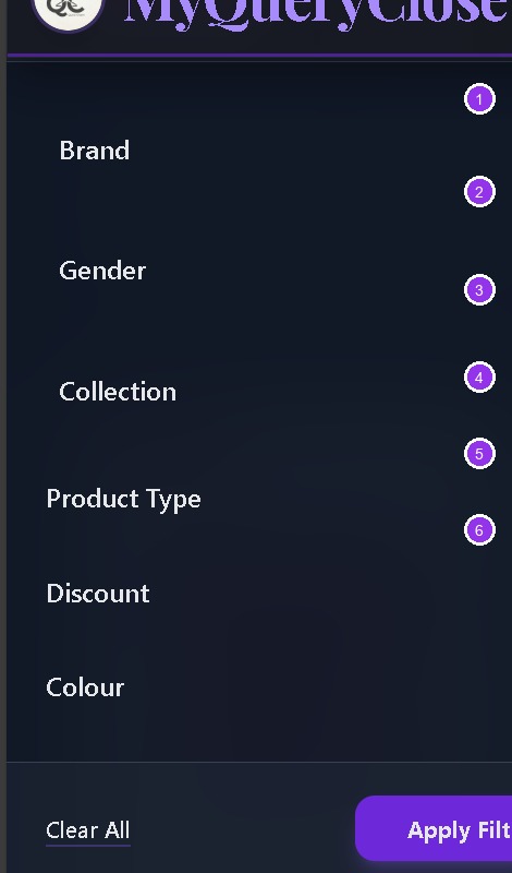 Filter drawer showing Brand, Gender, Collection, Product Type, Discount, Colour filters