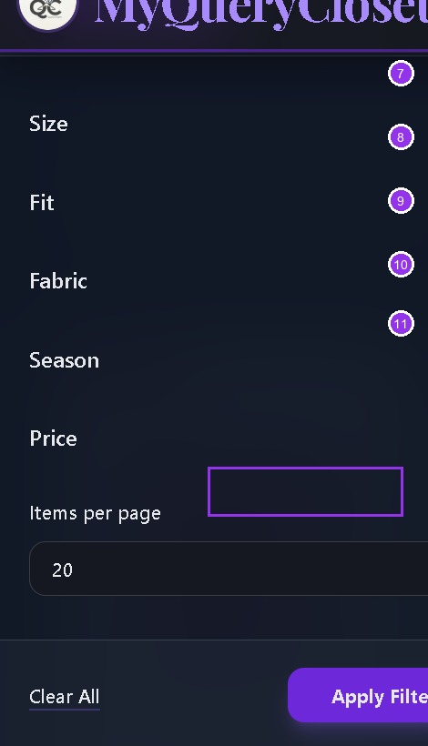 Filter drawer showing Size, Fit, Fabric, Season, Price filters and Apply button