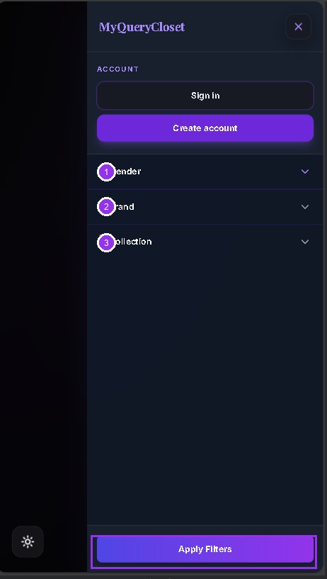 Mobile hamburger menu with Gender, Brand, Collection filters