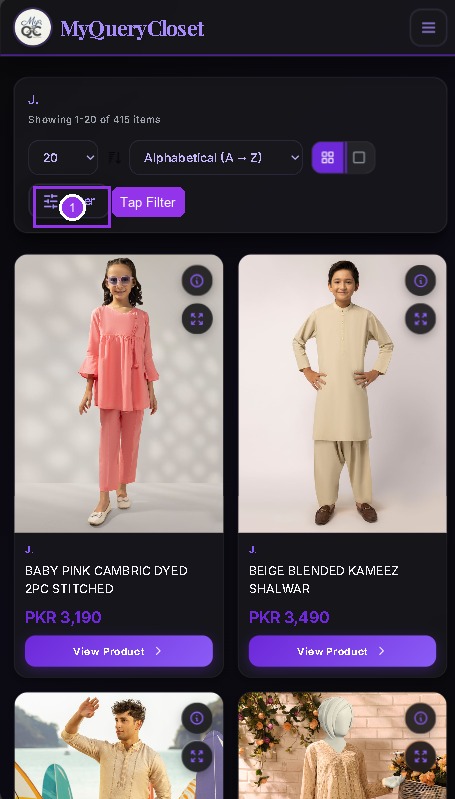 Mobile products page with Filter button highlighted