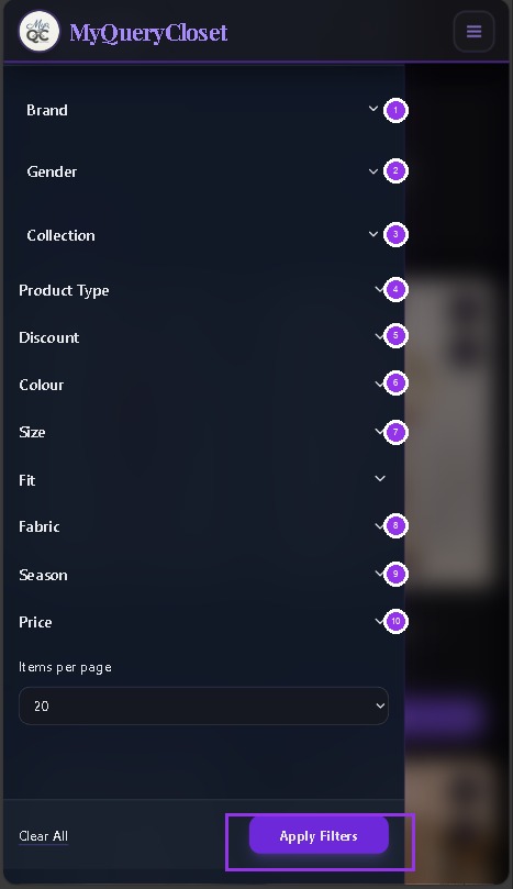 Mobile filter drawer showing all 10 filter categories